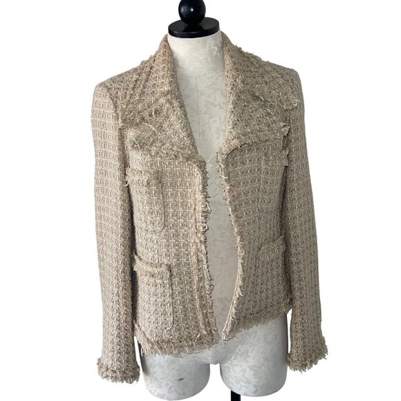 Serena Kay Paris Womens Jacket Size 44 Beige Textured Open Tweed Pockets - Picture 1 of 9